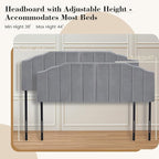 Upholstered Headboard Adjustable Height Queen/King Headboard Cream Velvet Tufted Modern Vertical Channel Design with Stepped Silhouette Top Edge(Grey Queen)