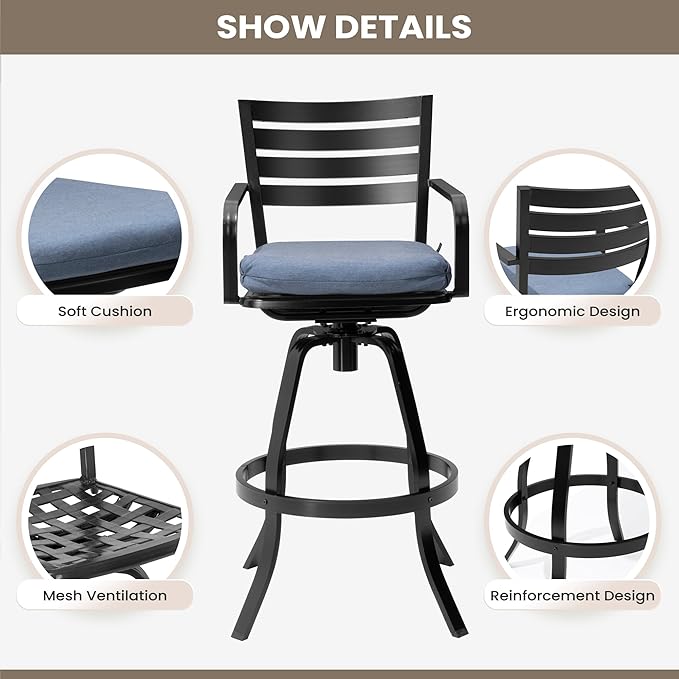 Pellebant Outdoor Bar Stools Set of 4 with Sunbrella Cushion, 29.5" Aluminum Swivel Bar Height Stool Chairs with Back & Footrest, Rust-Proof Patio Bartools for Deck Lawn Garden, Spectrum Denim