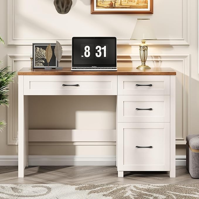 Farmhouse 47" Executive Desk, Computer Desk with File Drawer and Charging Station, Workstation for Study, Home Office, Unique White.