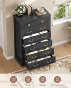 AOGLLATI Farmhouse Dresser with 6 Drawers, 51.2”Tall Wooden Chest of Drawers with Natural Texture, Vintage Design, Black Dresser for Bedroom, Black
