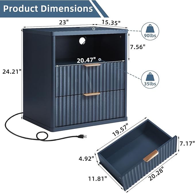 LEYAOYAO Fluted Farmhouse Nightstand Set of 2 with Charging Station, 23" Wide 2 Drawers End Table,Navy Blue Dresser for Bedroom,Bed Side Table Chest of Drawers Cabinet,Wood Night Stand for Living Room