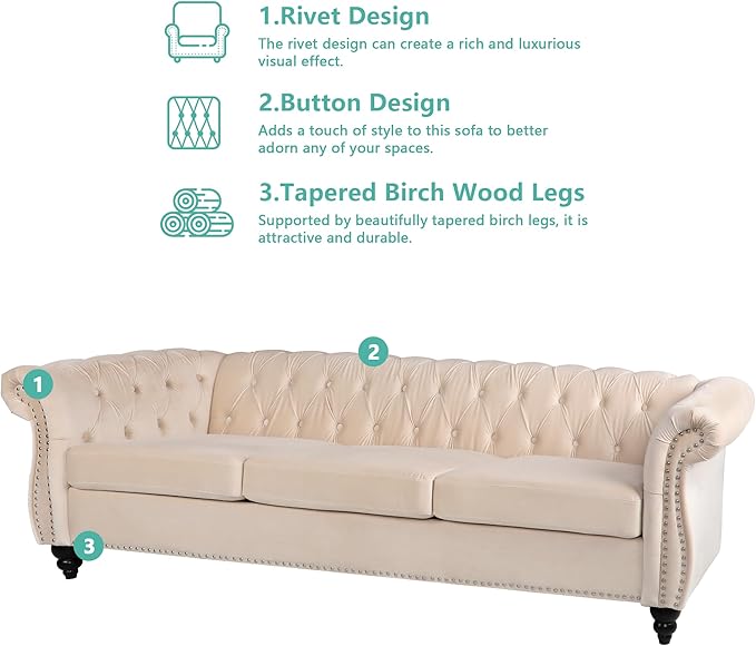 2 Piece Living Room Sofa Set, 3 Seater Velvet Sofa Couch and Chair Set, Mid Century Modern Upholstered Couch with Cushions, Comfy Tufted Chesterfield Couches for Living Room, Bedroom, Office