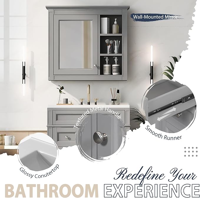 30" Bathroom Vanity with Matching Medicine Cabinet, Modern Sink Storage Cabinet with Drawers, Soft Closing Doors and Shelf, Bathroom Vanities with Sink & Mirror