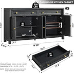 Farmhouse Buffet Cabinet, 59" Large Sideboard Buffet Credenza Storage with Shelves & 4 Doors, Rustic Wood Coffee Bar Console for Kitchen, Living Room, Black