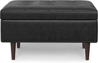 SIMPLIHOME Shay 34 inch Wide Mid Century Modern Small Rectangle Coffee Table Storage Ottoman in Distressed Black Vegan Faux Leather, Assembled, for The Living Room, Entryway and Family Room