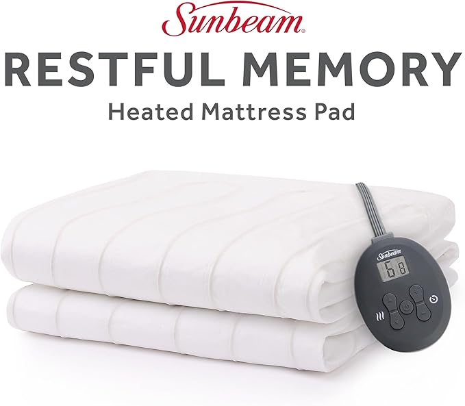 Sunbeam Electric Heated Mattress Pad Soft Cozy Fabric Fast Heating 12 Heat Settings 12-Hour Auto Shut-Off Deep Pocket Skirt Machine Washable Twin 75" x 39"