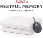 Sunbeam Electric Heated Mattress Pad Soft Cozy Fabric Fast Heating 12 Heat Settings 12-Hour Auto Shut-Off Deep Pocket Skirt Machine Washable Twin 75" x 39"