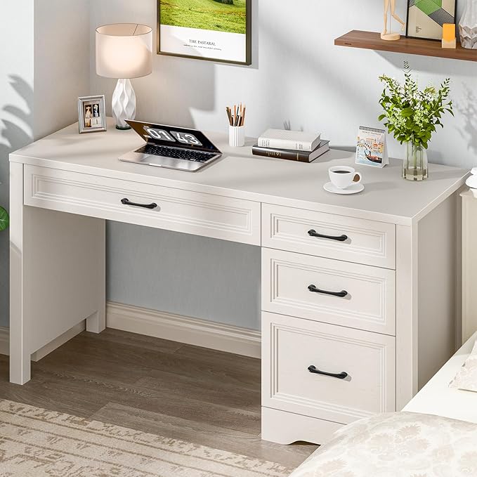 Vabches Farmhouse Executive Desk with Storage and Ample File Drawer, Rustic Large Home Writing Desk for Bedroom, Pure White