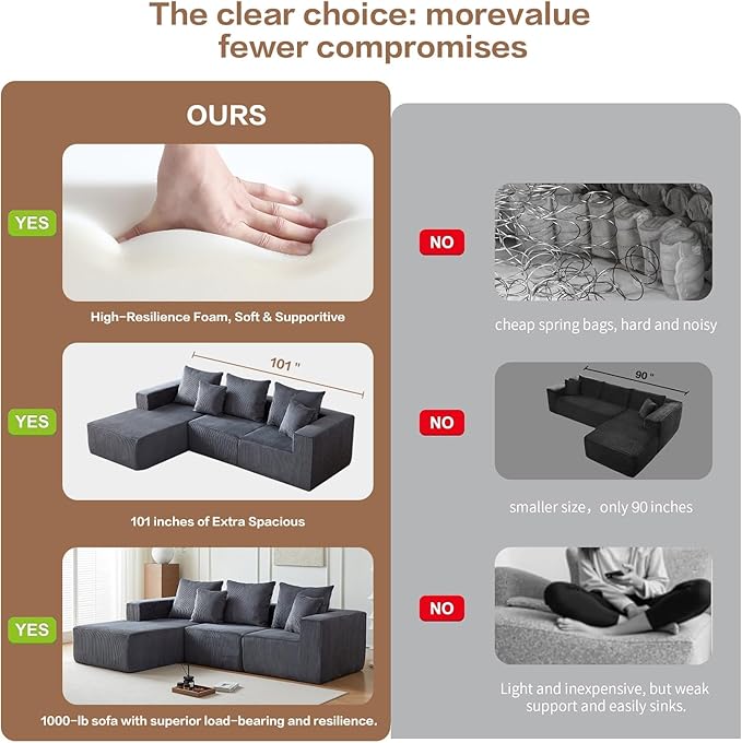 101" Sectional Couches for Living Room,Boneless Cloud Couch,L-Shaped Sofa with Oversized Deep Seat,Comfy Couch for Bedroom,Compressed Sofa in a Box,No Assembly Required,Grey