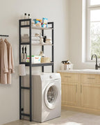 SONGMICS Over-The-Toilet Storage, 3-Tier Bathroom Organizer Over Toilet with Adjustable Shelves, Hooks, Bamboo, Freestanding Space Saver Bathroom Shelves, Heather Greige and Ink Black UBTS012W01