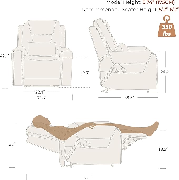 CHITA Electric Power Lift Recliner Chair for Elderly with Massage and Heat, Large Lay Flat Genuine Leather Recliner Chair with Cup Holders, USB Ports, Power Headrest, Independent Backrest, Light Gray