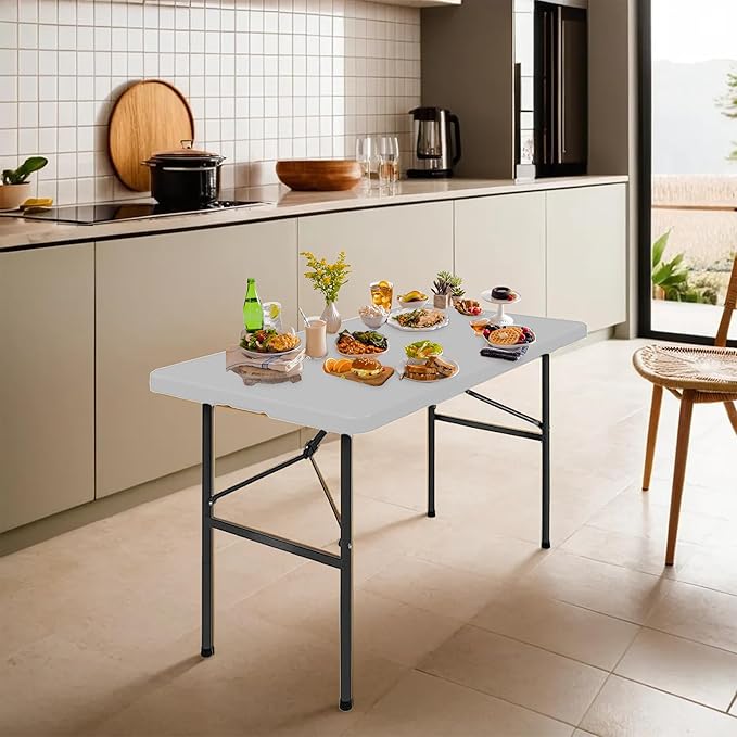 SIMPLI-MAGIC 4ft Plastic Folding Table, Indoor Outdoor Heavy Duty Portable/Handle, Lock for Picnic, Party, Camping - White