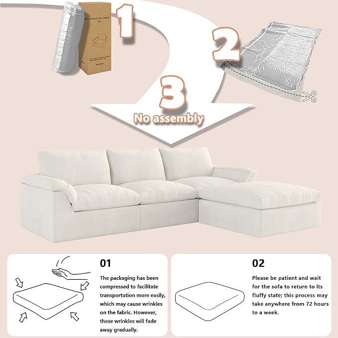 EASE MOOSE Oversized Boneless Couch for Living Room, Sectional Cloud Sofa, Modular Cloud Couch, 3-Seater Deep Seat Sofas with Pillow for Bedroom, Apartment, No Assembly Required, Chenille (White)