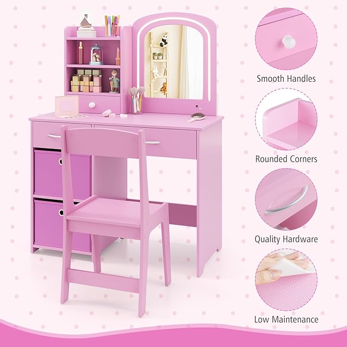 GLACER Kids Vanity Table and Chair Set, Princess Makeup Vanity Desk with 5 Drawers, Open Shelves, Mirror, 2-Color LED Lights, Wooden Toddler Vanity, Pretend Play Vanity Set for Little Girls (Pink)