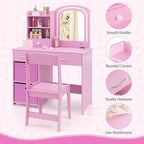 GLACER Kids Vanity Table and Chair Set, Princess Makeup Vanity Desk with 5 Drawers, Open Shelves, Mirror, 2-Color LED Lights, Wooden Toddler Vanity, Pretend Play Vanity Set for Little Girls (Pink)