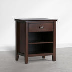 SIMPLIHOME Artisan Bedside Table - 24 inch Wide Solid Wood Nightstand Table in Autumn Brown, Transitional Bedside Stand for Bedroom with Drawer and Open Shelf for Storage