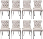Velvet Upholstered Dining Chairs Set of 8, Modern Style Kitchen Side Chairs with Nailhead Trim and Silver Plated Leg, Metal Pulling Ring for Dining Room Living Room(Creamy White)