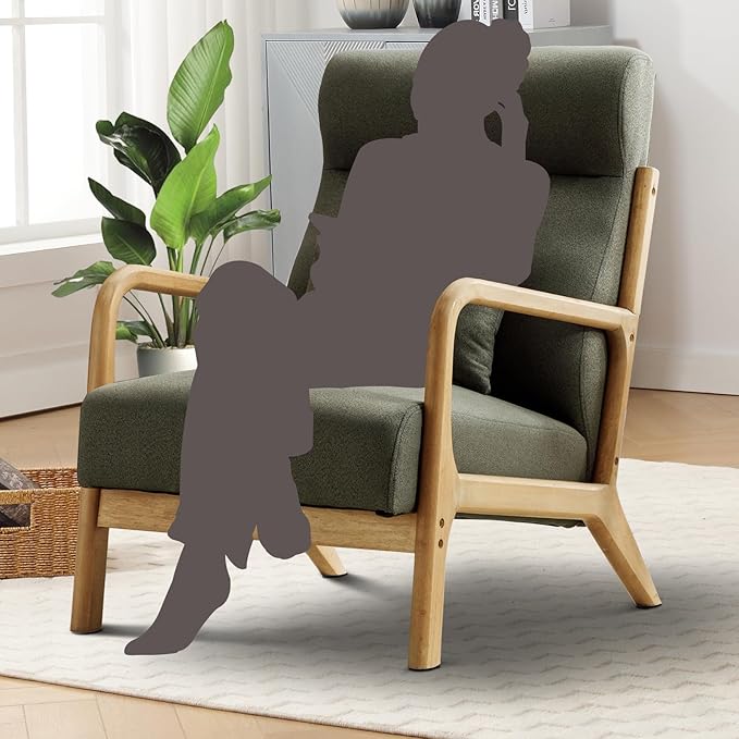 Accent Chair Mid Century Modern Chair Linen Fabric Living Room Chairs with Solid Wood Frame Comfy Upholstered and Lumbar Pillow Reading Side Chair Easy Assembly for Bedroom (1, Green)