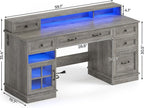 BTHFST Farmhouse Executive Desk with File Drawer, Computer Desk with Charging Station & LED Lights, Home Office Desk with Drawers & Storage Cabinet, Executive Office Desk with Monitor Stand, Grey