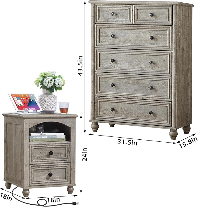 Dressers and Night Stand Set of 3, Wood 43.5" Tall Dresser and 18" Wide with Charging Station Chest of Drawers, Roman Column Nightstand Set of 2, Bedroom Furniture Dresser Suites for Home Living Room
