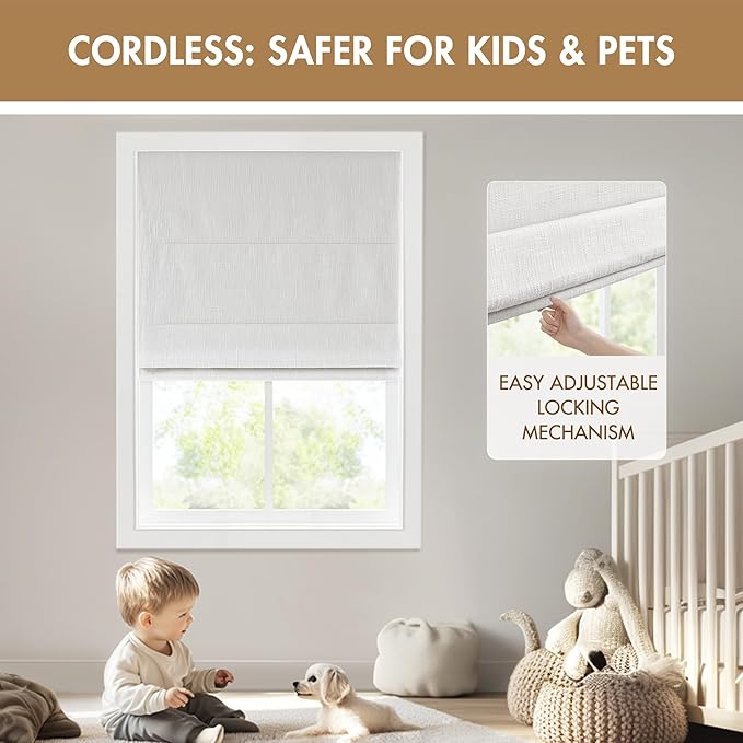 Madison Park Cordless Roman Shades, Total Blackout Window Blind Privacy Window Shades, Thermal Insulated Cordless Window Treatment for Bedroom, Living Room, Quincy, Single Panel 33" W X 64" H White