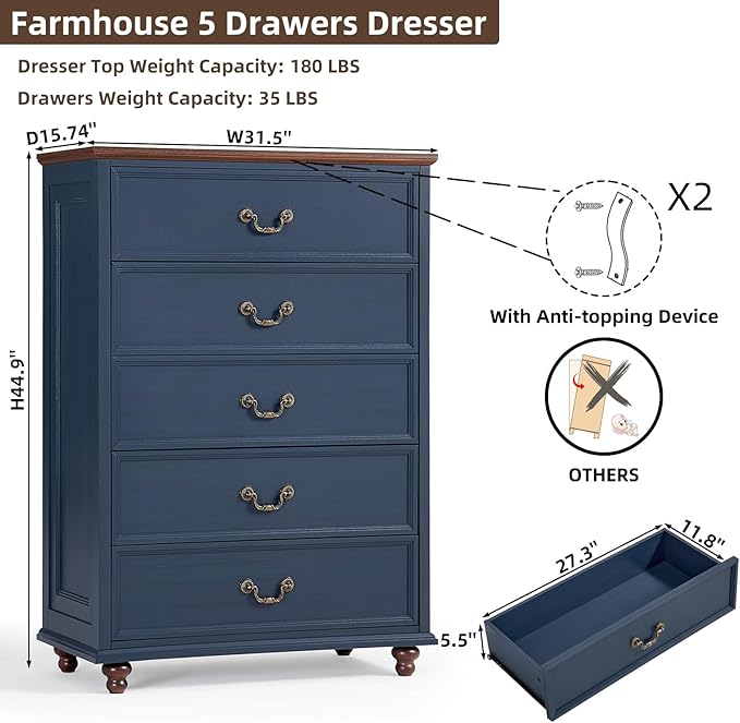 Bedroom Dresser Sets, 54" Wide 7 Drawers Dresser and 45" Tall 5 Drawers Dresser, Wooden 2 Piece Bedroom Furniture Set, Chest of Drawer for Bedroom, Home, Living Room, Hallway, Navy Blue