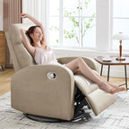 Swivel Rocker Recliner Chair, Manual Leather Recliner, Glider Rocking Recliners 360°Swivel Nursery Reclining Chairs for Living Room, Khaki
