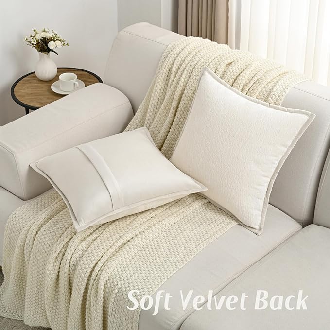 FUTEI Cream White Chenille Throw Pillow Covers 20x20 Inch Set of 2,Soft Cozy Bound Edge Design Cushion Case,Home Decor for Couch Bed Living Room
