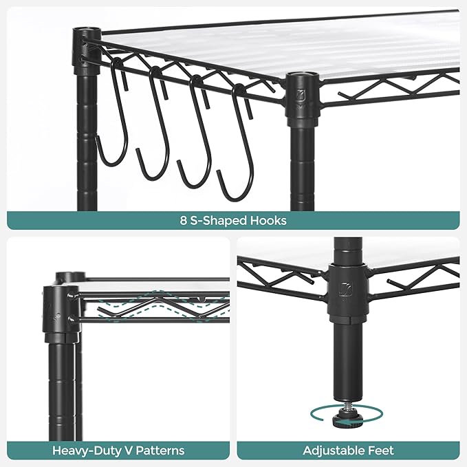 SONGMICS 5-Tier Storage Unit, Wire Shelving, Kitchen Metal Rack With Adjustable Shelves, Shelf Liners, 8 Hooks, for Garage, 11.8 x 35.4 x 63 Inches, Black ULGR095B01