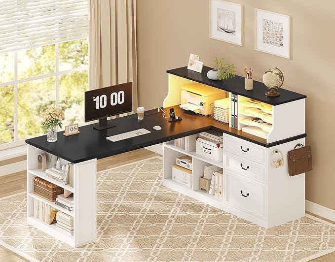 61" Executive Desk, Farmhouse Home Office Desk with Drawers, Wood L Shaped Computer Desk with 4-Tier Paper Organizer, File Holder, Power Outlets, LED Light, Storage Shelves, Hooks, White