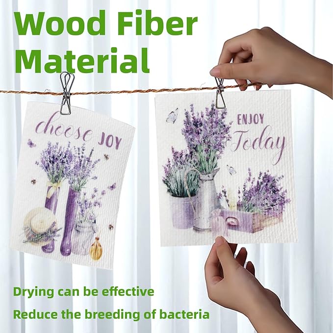 6 Pack Swedish Dishcloths – Super Absorbent, Reusable & Eco-Friendly Kitchen Towels (Fruit/Lavender/Camping/Solid Colors) (Lavender Party)