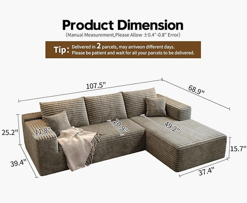 107.5" Cloud Modular Sectional Sofa Couch with L-Shape Chaise,Modern Minimalist Upholstered Couches for Living Room Bedroom,Deep Seat Corner Couch，No Assembly Required (Camel,Right Facing Chaise)