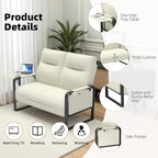 Faux Leather Loveseat, Upholstered Loveseat with Side Tray Table & Storage Pocket, Small Loveseat for Living Room, Modern 2 Seater Sofa Couch for Small Spaces, Bedroom, Beige