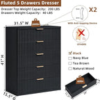LEYAOYAO Fluted 5 Drawers Dresser for Bedroom, 41" Tall Modern Chest of Drawers with Metal Handle, Curved Profile Design,Black Wood Drawer Organizer for Bedroom, Living Room, Hallway, Entryway