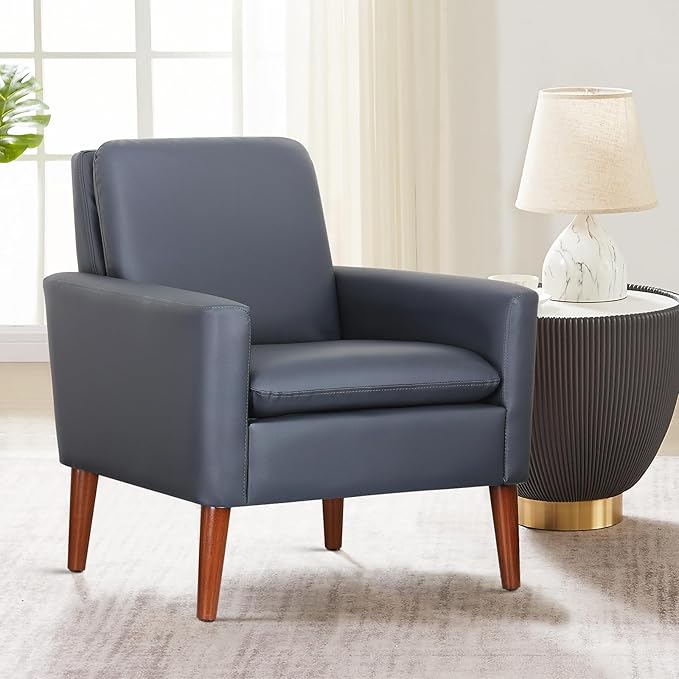 Lohoms Faux Leather Accent Chair for Living Room, Mid-Century Modern Comfy Reading Leisure Chairs for Bedroom, Upholstered Armchair for Apartment/Office/Waiting Room, Wood Legs, Dark Blue