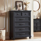 Farmhouse Bedroom Dresser and Nightstand Set of 4, 6 Drawer Tall & Low Dresser & 3 Drawer Nightstand Set with Wooden Legs, Rustic Wood Bedroom Furniture Sets for Livingroom, Hallway, Black