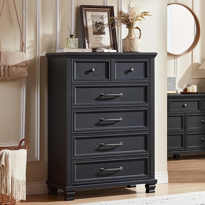Farmhouse Bedroom Dresser and Nightstand Set of 4, 6 Drawer Tall & Low Dresser & 3 Drawer Nightstand Set with Wooden Legs, Rustic Wood Bedroom Furniture Sets for Livingroom, Hallway, Black
