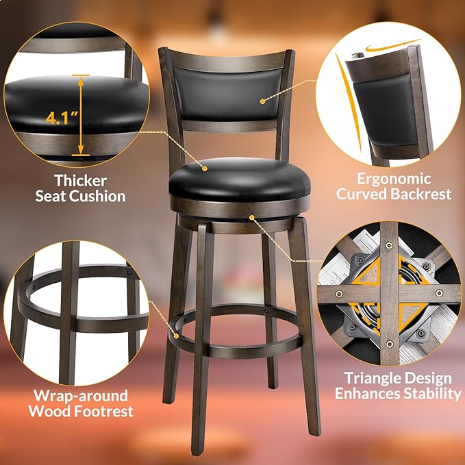 PrimeZone Swivel Bar Stools Set of 8, 30 Inch Bar Height Barstools, Black Faux Leather Bar Stool with High Backrest & Solid Wood Legs & Wrap-Around Footrest, Counter Stools for Kitchen Island, Pub