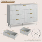 CARPETNAL Fluted 9 Drawer Dresser for Bedroom, 55" Wide Wooden Chest of Drawers with Rounded Corners, Gold Handles, Modern Storage Organizer for Bedroom, Hallway(White)