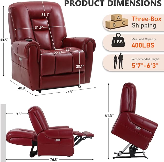 EONIX Four Motor Lay Flat Power Lift Recliner Chair for Elderly, 400lbs Electirc Lift Chair for Living Room, Independent Adjustable Lumbar Support & Headrest, Extended Footrest, Burgundy