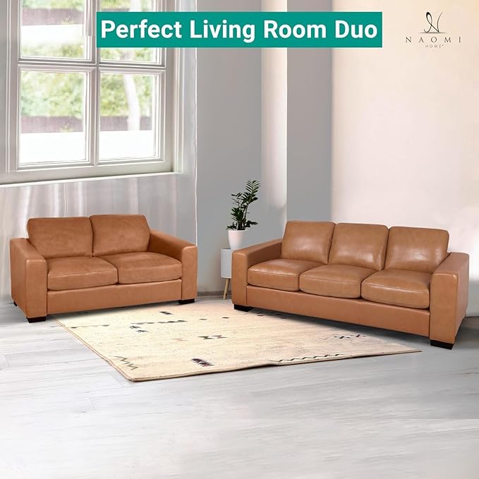 Naomi Home Freya Genuine Leather Sofa - Luxurious Comfort, Goose Feather Cushion Filling, Square Arm Design, Sturdy Block Legs, Elegant Tan - Ideal for Living Room, Office, or Bedroom