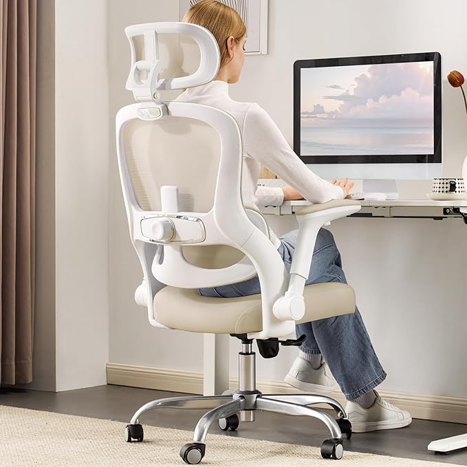 Office Chair - Ergonomic Desk Chair with Adjustable Headrest Lumbar Support Computer Chair - Mesh Comfy Chairs with Flip-up Armrests - Big and Tall Gaming Chairs for Adults Home Office(Beige)
