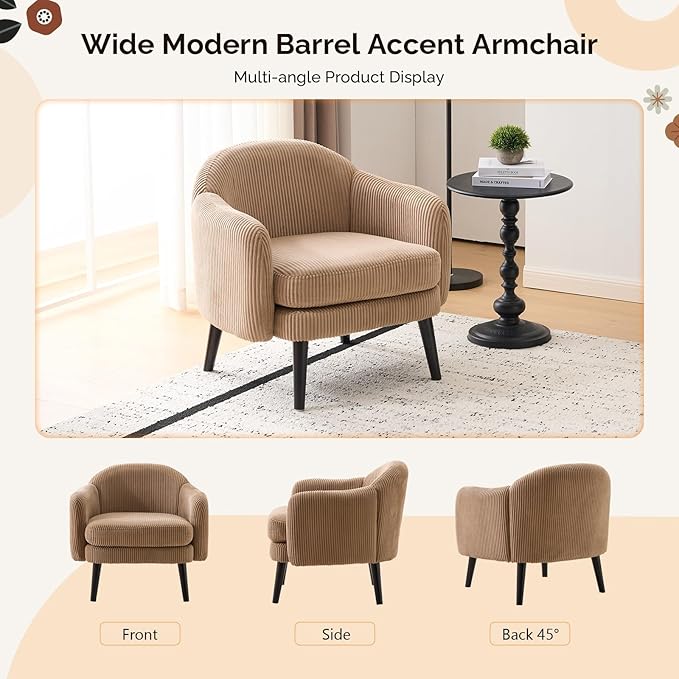 VINGLI 30.3" Wide Modern Barrel Accent Armchair with Track Armrest, Solid Wooden Legs, Comfy Upholstered Club Chair, Round Single Home Sofa for Living Room, Bedroom, Reading Room, Corduroy Khaki