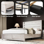 AMERLIFE Farmhouse Full Size Bed Frame with 49" Fluted Headboard, Platform Bed with Natural Wood Grain, No Box Spring Needed/Noise Free, Distressed White