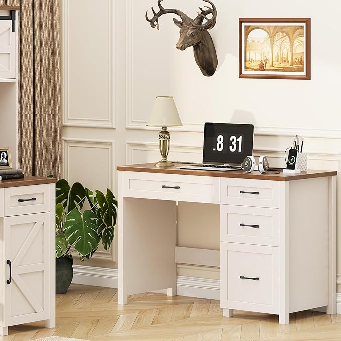 Farmhouse 47" Executive Desk, Computer Desk with File Drawer and Charging Station, Workstation for Study, Home Office, Unique White.