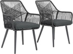 JOIVI Outdoor Dining Chairs Set of 2, 2 Pieces Woven Rope Patio Chairs with Armrest and Seat Cushions for Outside Porch, Balcony or Indoor Kitchen, Restaurant, Gray