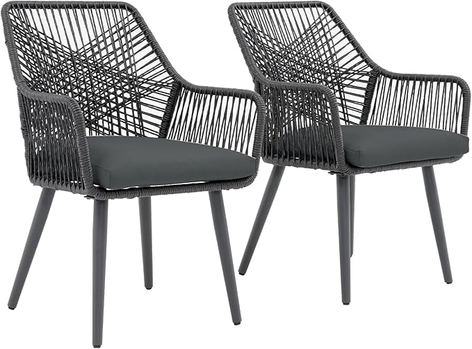 JOIVI Outdoor Dining Chairs Set of 2, 2 Pieces Woven Rope Patio Chairs with Armrest and Seat Cushions for Outside Porch, Balcony or Indoor Kitchen, Restaurant, Gray