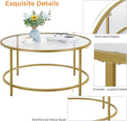 Yaheetech Gold Glass Coffee Table for Living Room, 36" Round Glass Coffee Table with Metal Frame, Circle Coffee Table for Home, Office, Apartment