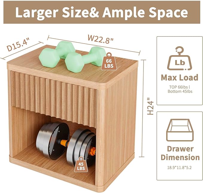 Large Modern Nightstand with Drawer Storage 22.8Inch Wide Fluted Bedside Table End Table for Bedroom, Living Room, Sofa, Couch, Home Office，Mid Century Bed Stands