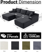 108 Inch Cloud Sectional Couch,Modern Modular Sectional Sofa with Deep Seat,Corduroy Boneless Couches with L-Shape Chaise for Living Room,No Assembly Required (Black, Right Facing Chaise + Ottoman)